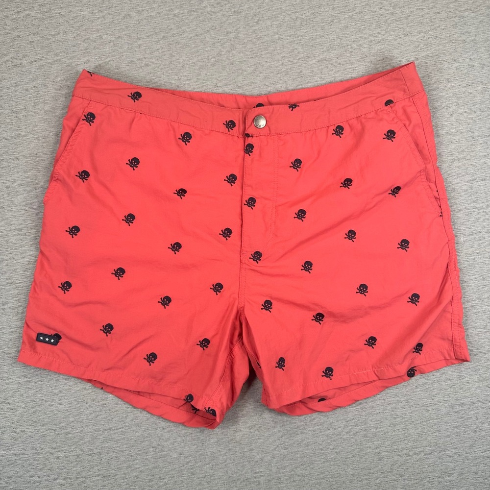 John Varvatos USA Swim Trunks Mens 36 Coral Red Shorts Skull Embroidered AOP‎
